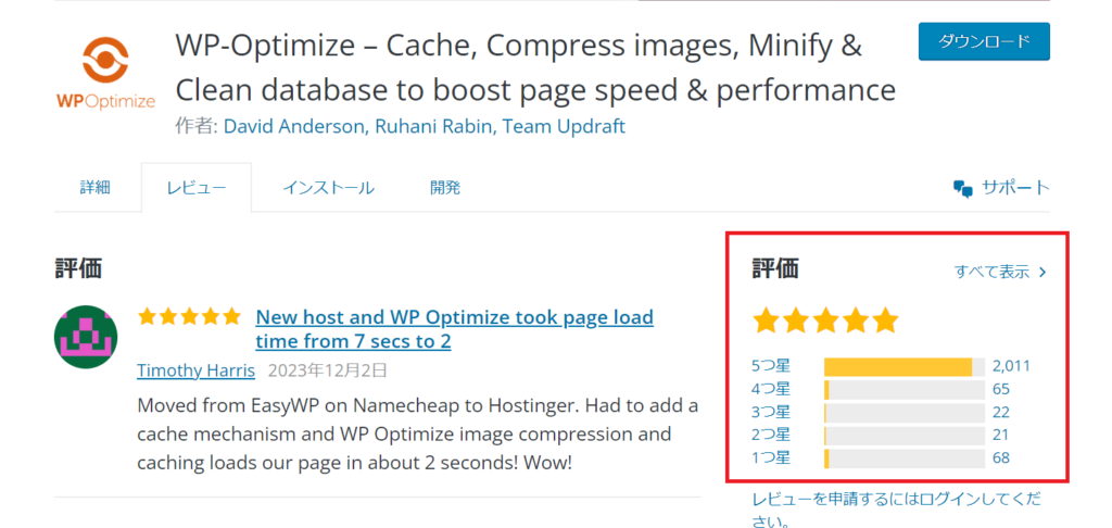 WP-optimizeの評価画像